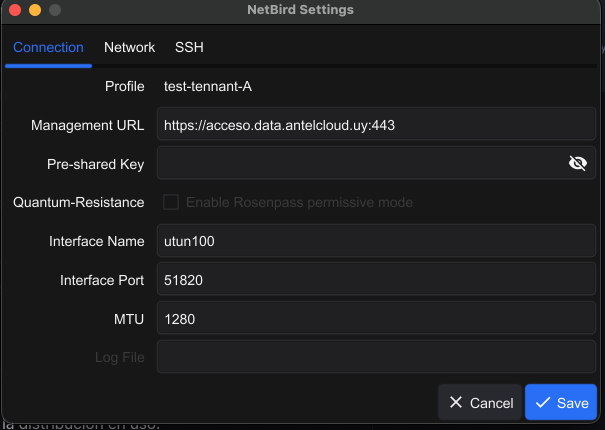 Configuracion del cliente NetBird con la URL de management de Datacloud